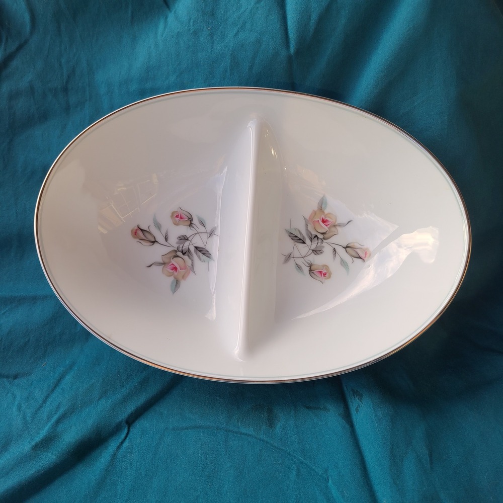 Noritake Margot 5605 10" Divided Vegetable Bowl White Rose Vintage MCM Platinum